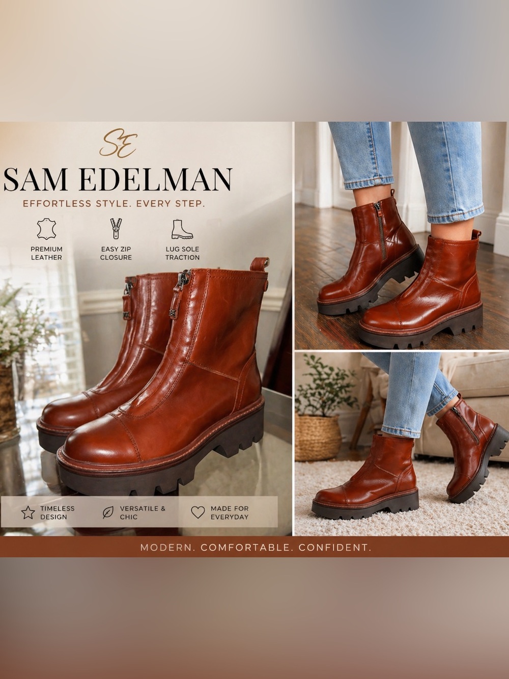 Sam Edelman Fashion Ankle Boot with Zipper and Leather Sole — Warm Chestnut